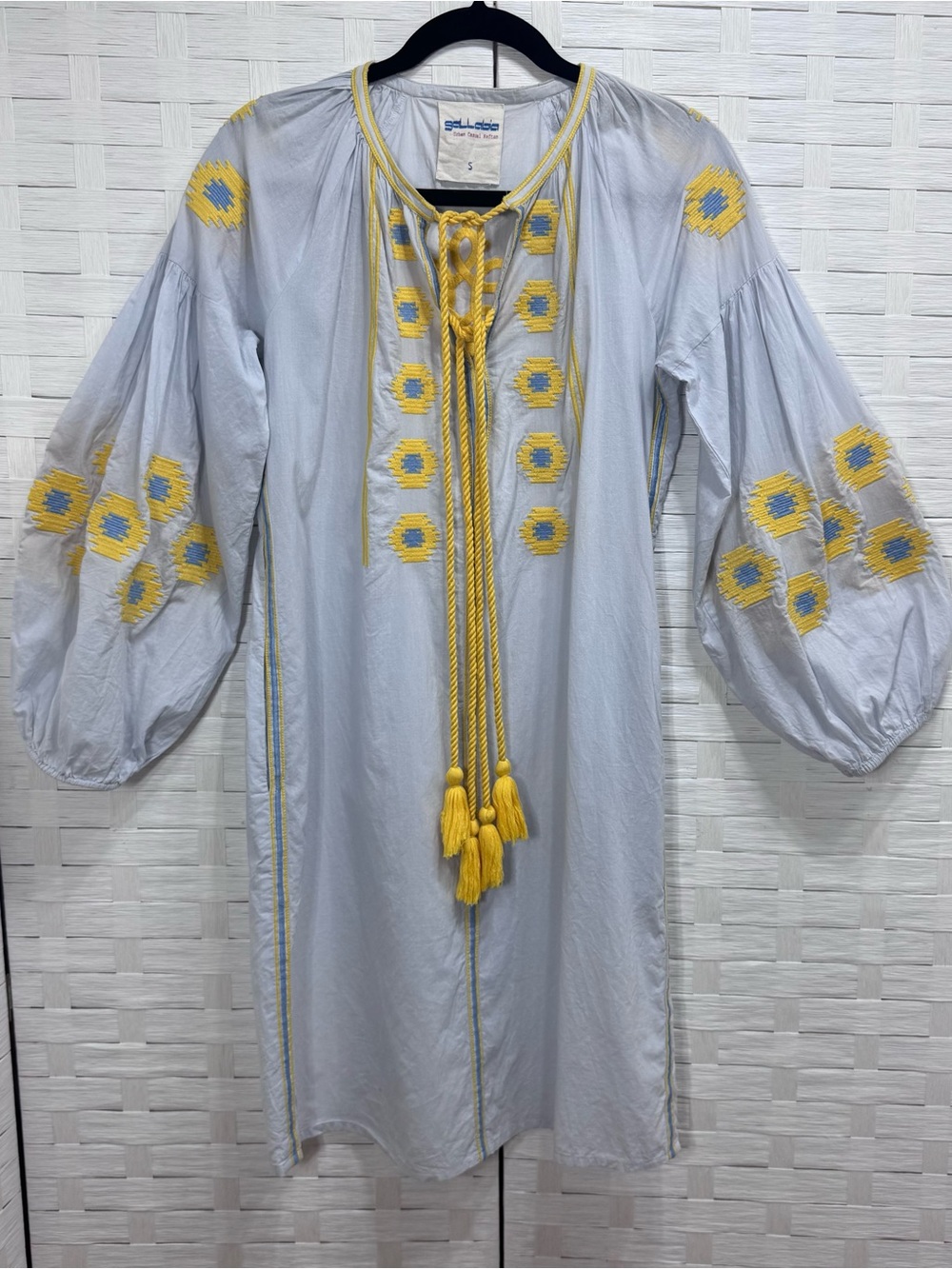J Crew GALLABIA URBAN CASUAL Blue Yellow Embroidered Tunic Dress No Belt Size S - Picture 2 of 12